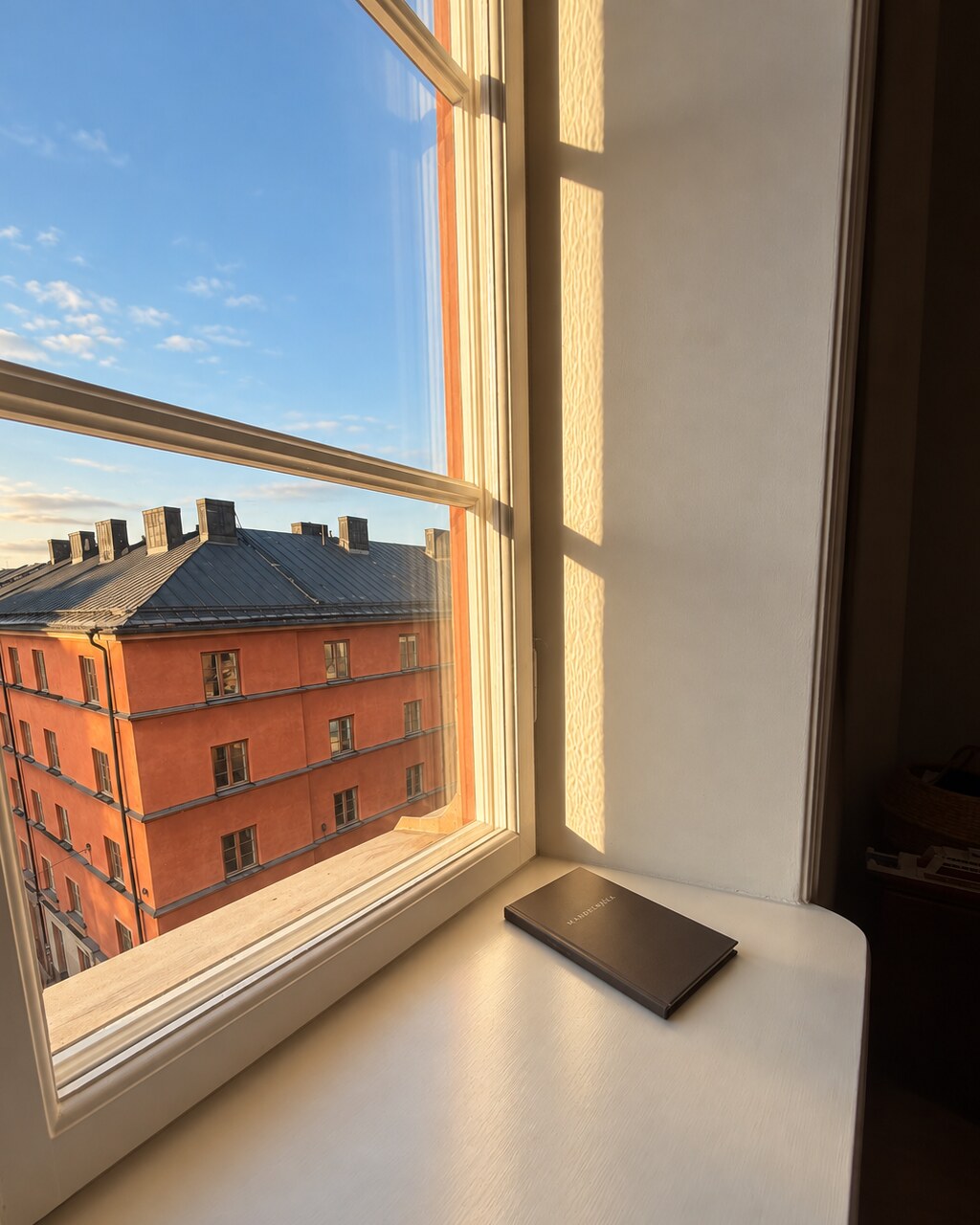 Mandelmjölk anteckningsbok i varmt solljus vid ett fönster med utsikt över Stockholm